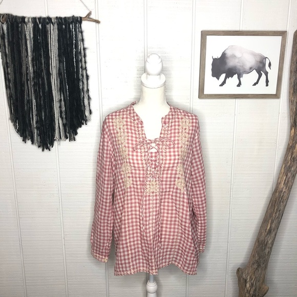 Johnny Was Tops - Johnny Was embroidered plaid lightweight blouse